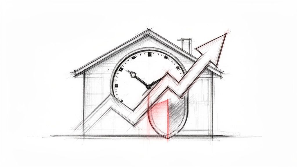 Handgezeichnete Skizze eines Hauses mit Uhr, aufsteigendem Pfeil und Schutzschild.