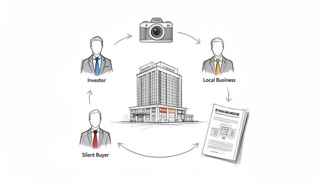 Diagramm zeigt den Prozess des Kaufs und Verkaufs von Gewerbeimmobilien zwischen Investoren und Käufern.