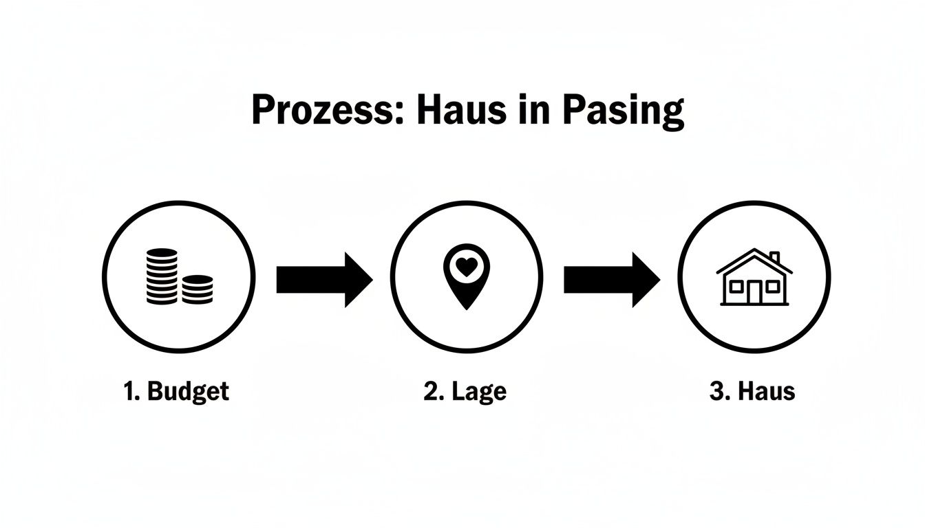 Diagramm, das den Prozess des Hauskaufs in Pasing darstellt, mit den Schritten Budget, Lage und Haus.