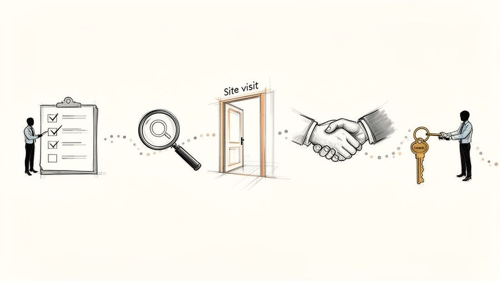 Ein Prozessdiagramm zeigt die Schritte von der Checkliste, Suche, Standortbesuch bis zum Handschlag und der Schlüsselübergabe.