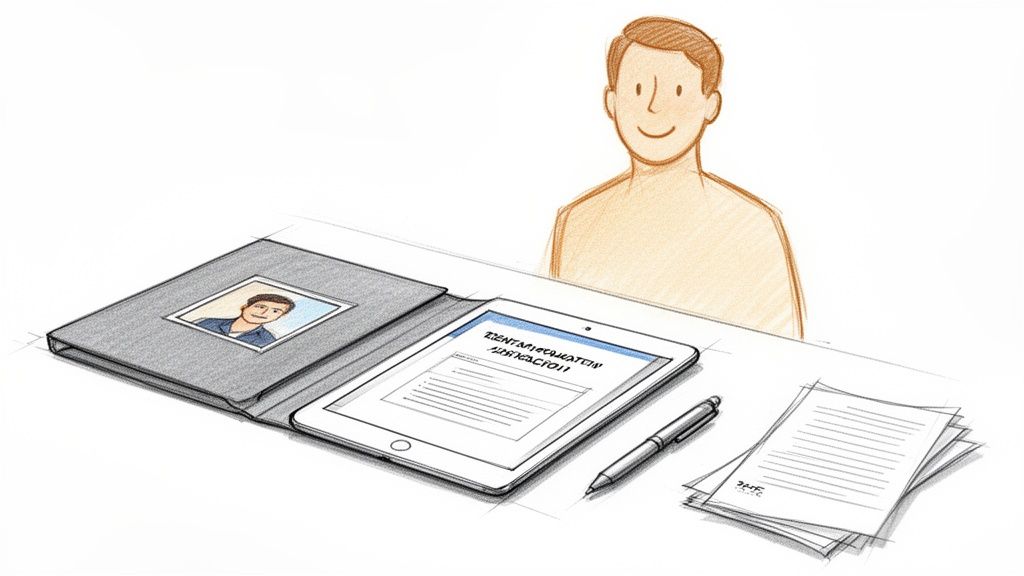 Ein lächelnder Mann sitzt am Schreibtisch. Vor ihm liegen ein Tablet mit einem Anmeldeformular, Stift und Papier. Ein Ordner mit seinem Foto ist ebenfalls zu sehen.