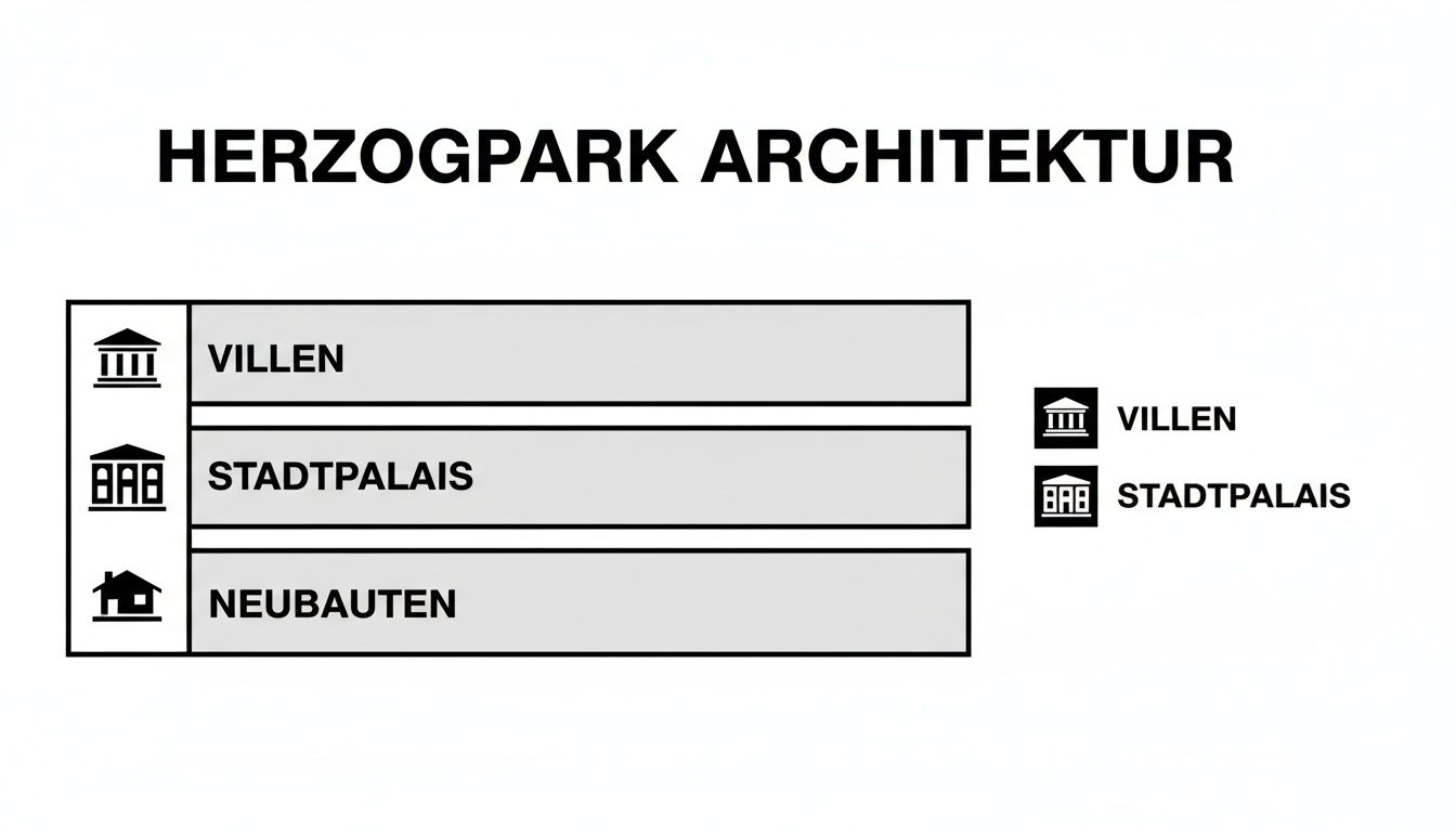 Herzogpark Architektur: Eine Übersicht der Gebäudetypen Villen, Stadtpalais und Neubauten mit entsprechenden Symbolen.