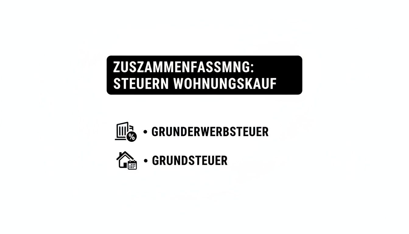Zusammenfassung der Steuern beim Wohnungskauf, inklusive Grunderwerbsteuer und Grundsteuer, mit entsprechenden Icons.
