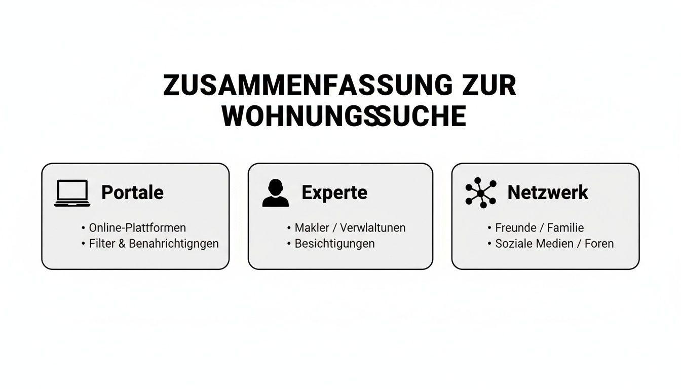 Infografik zur Wohnungssuche: Portale, Experten und persönliches Netzwerk als Suchstrategien.