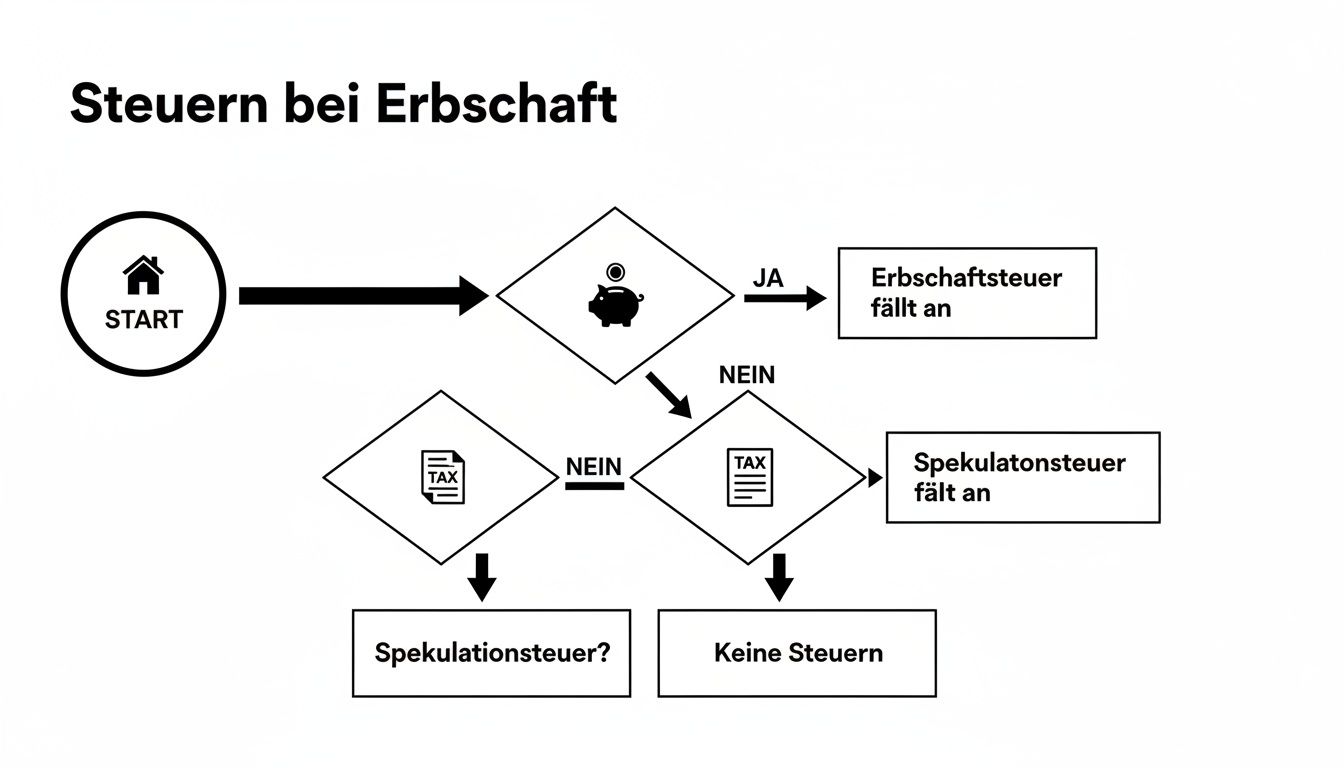 Flussdiagramm zur Veranschaulichung der Steuern bei Erbschaft, einschließlich Erbschafts- und Spekulationssteuer.