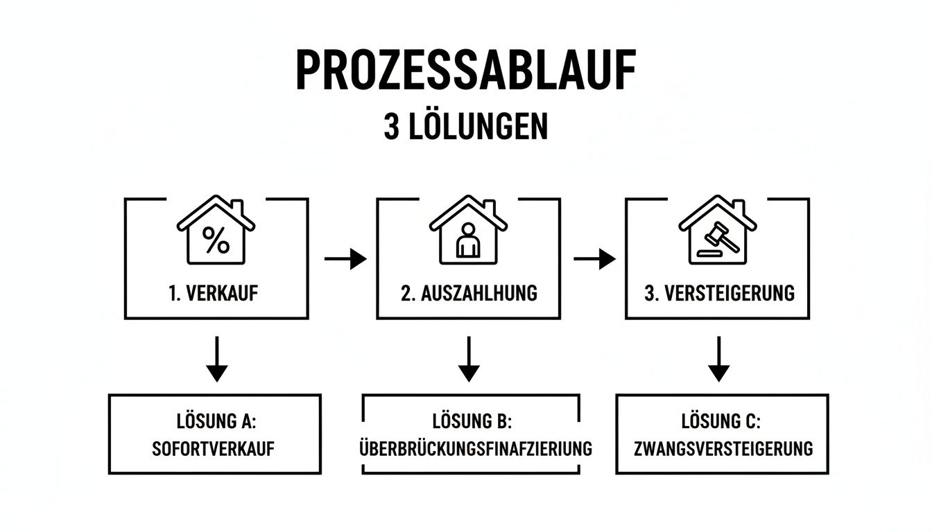 Prozessablauf mit drei Lösungen: Verkauf (Sofortverkauf), Auszahlung und Versteigerung einer Immobilie.