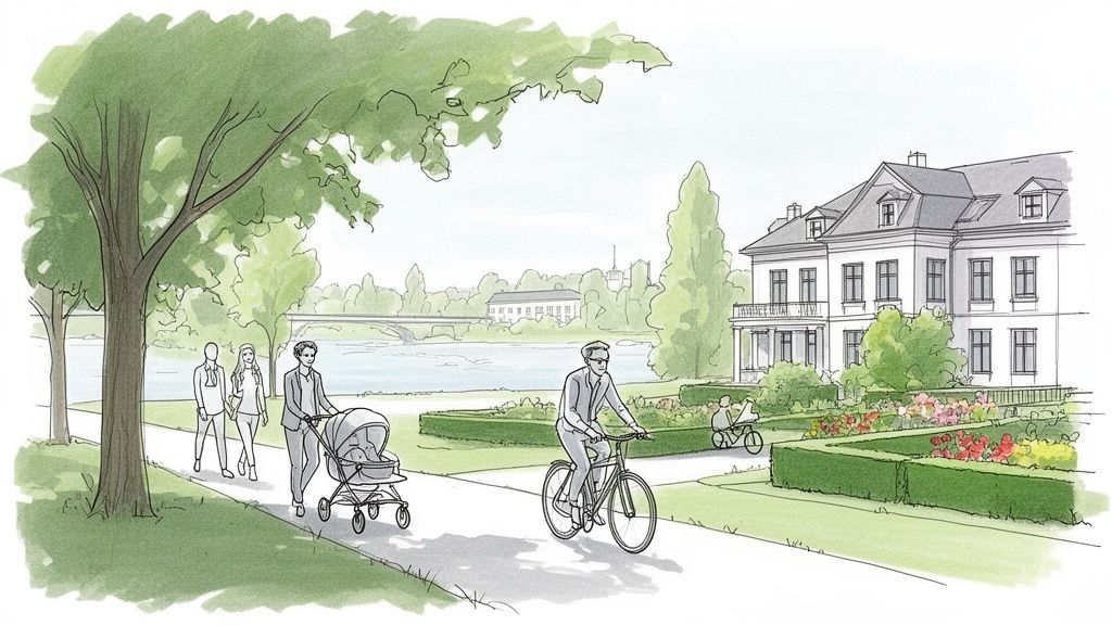 Illustration eines Parks am Fluss mit einem Herrenhaus, Spaziergängern und Radfahrern an einem sonnigen Tag.