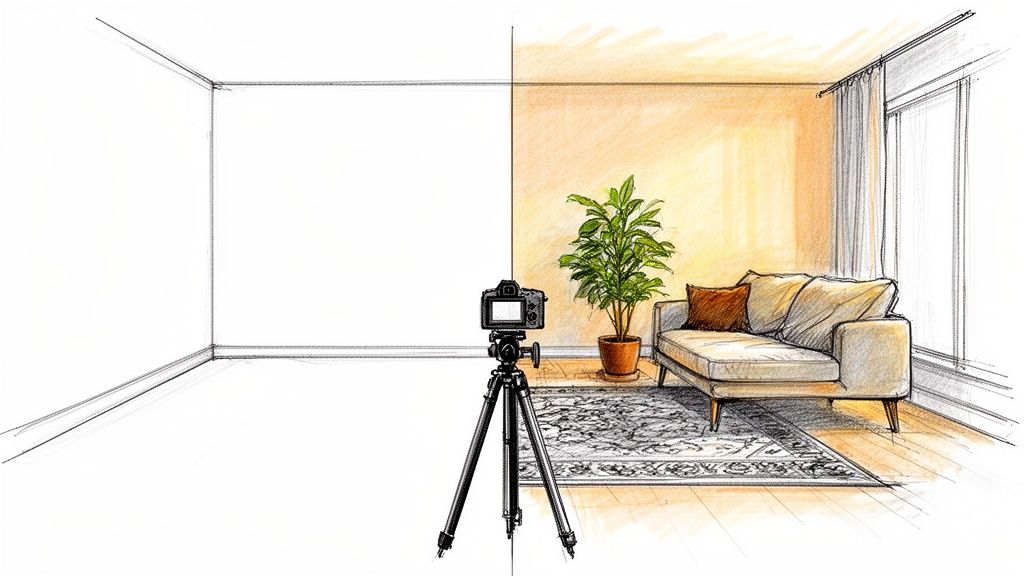 Das Bild zeigt einen Raum, geteilt in eine leere Skizze und einen möblierten Innenraum mit Kamera auf Stativ.