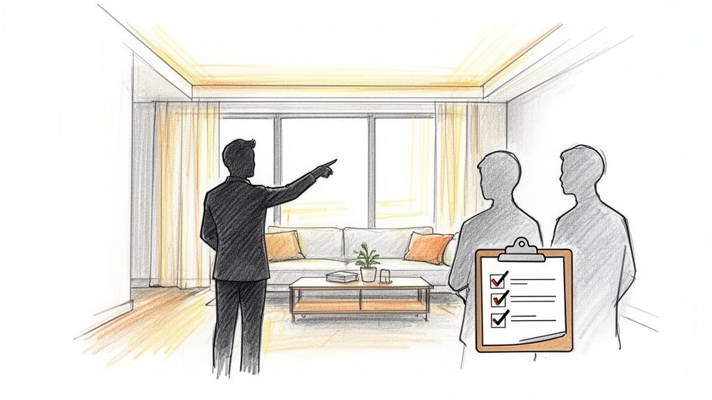 Illustration: Makler zeigt zwei Interessenten ein Wohnzimmer, während eine Checkliste geprüft wird.
