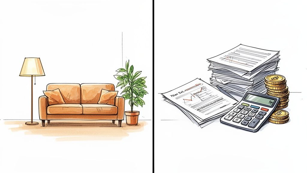 Illustration: Links ein gemütliches Wohnzimmer mit Sofa und Pflanze, rechts Finanzdokumente, Taschenrechner und Münzen.
