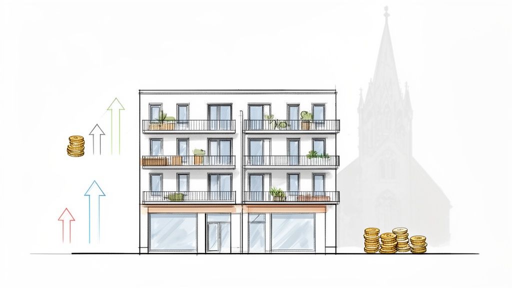 Illustration eines modernen Wohn- und Geschäftshauses mit Münzstapeln und steigenden Pfeilen, die Immobilienwertzuwachs symbolisieren.