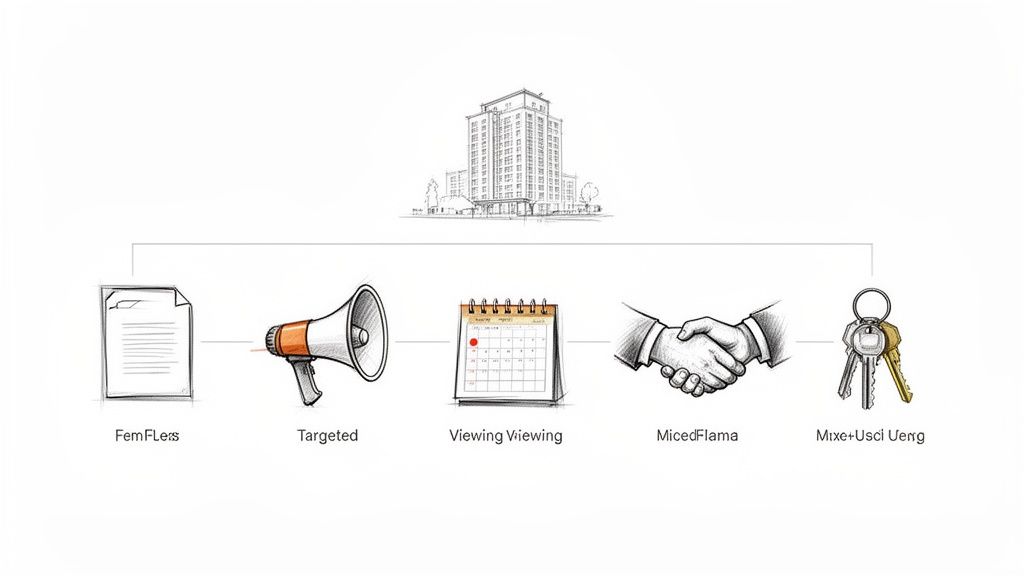 Prozessdiagramm für ein Gebäude mit Dokumenten, Megafon, Kalender, Händedruck und Schlüsseln.