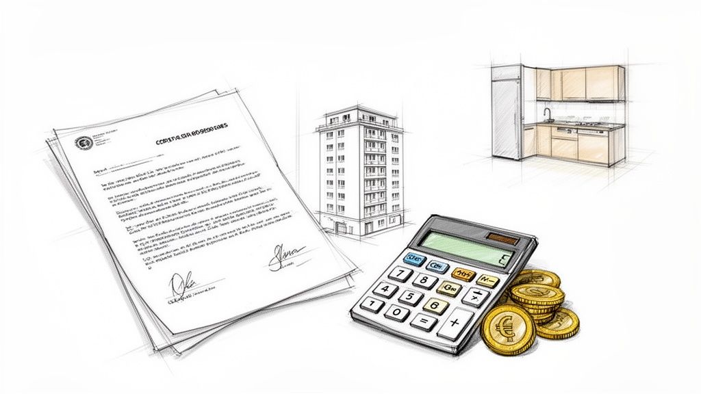 Skizze von Dokumenten, Gebäude, Küche, Taschenrechner und Euromünzen für Immobilienfinanzen.