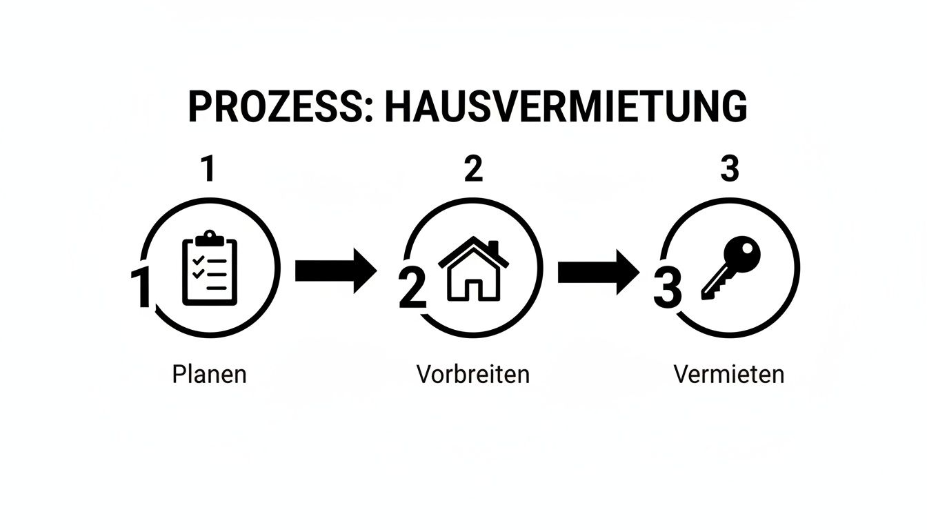Das Bild zeigt den dreistufigen Prozess der Hausvermietung: Planen, Vorbereiten und Vermieten.