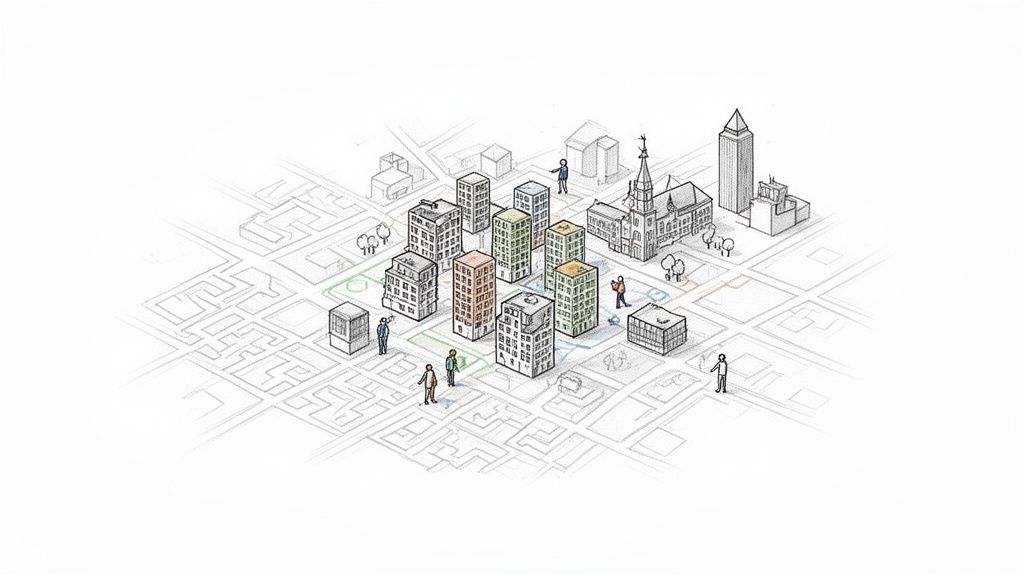 Stadtplan-Skizze mit Hochhäusern, Menschen und grünen Flächen, die Stadtplanung und Wohnungsentwicklung darstellt.