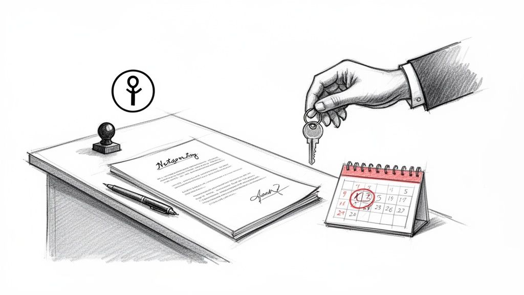 Skizze einer Schlüsselübergabe mit Notarvertrag, Stempel und Kalender; symbolisiert den Kauf einer Immobilie.