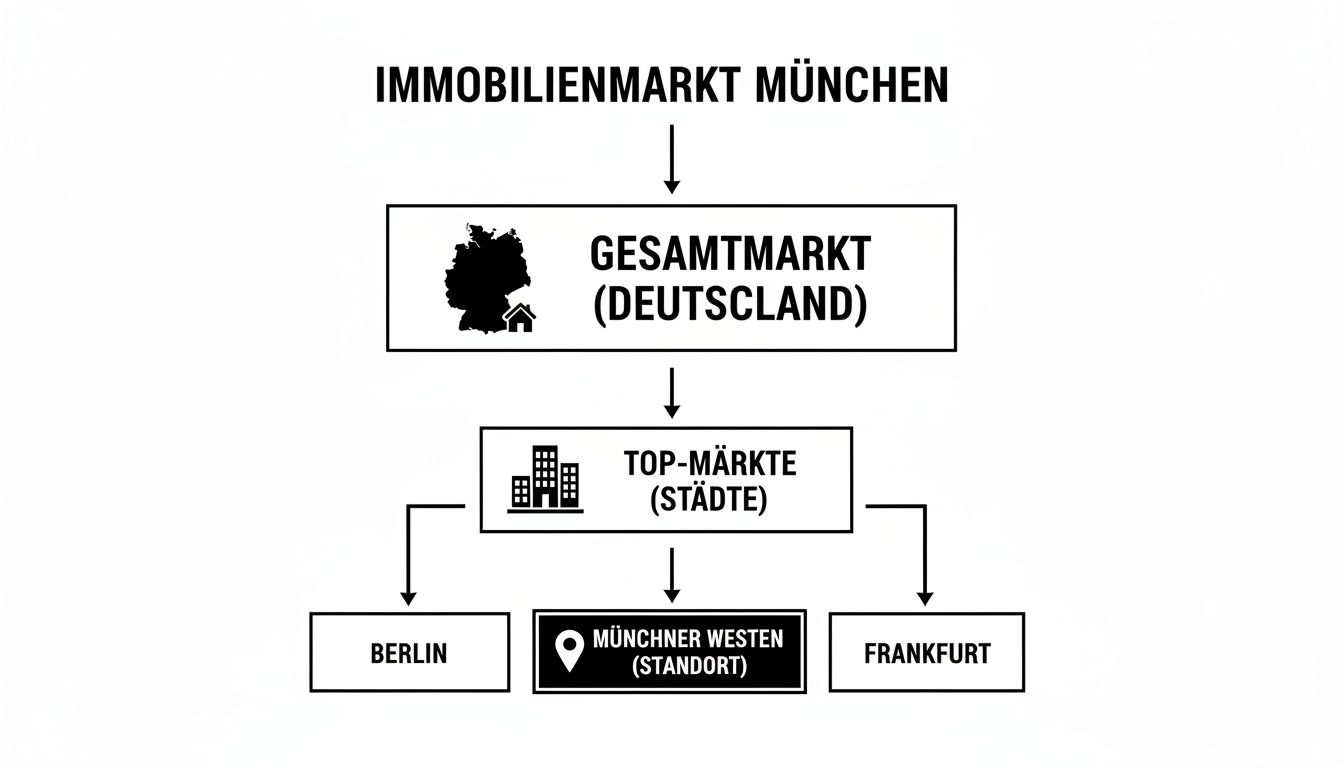Hierarchische Darstellung des Immobilienmarktes München, von Gesamtmarkt Deutschland über Top-Städte bis zu Standorten.
