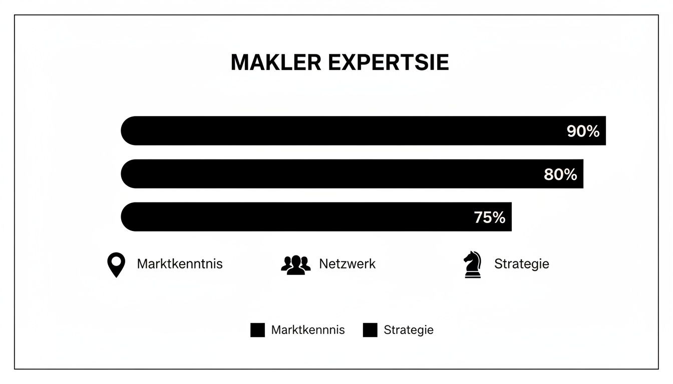 Balkendiagramm zur Makler Expertise mit Marktkenntnis (90%), Netzwerk (80%) und Strategie (75%).