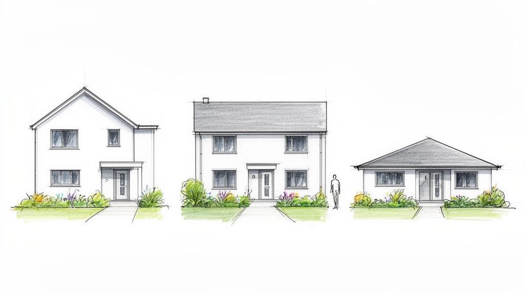 Drei skizzierte Hausdesigns: ein Giebelhaus, ein Doppelhaus und ein Bungalow mit Gärten.