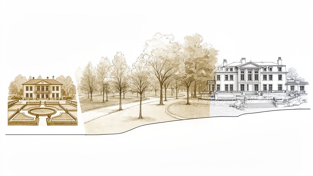 Eine Architekturzeichnung zeigt zwei klassische Villen und eine Parklandschaft in Sepia und Schwarz-Weiß.