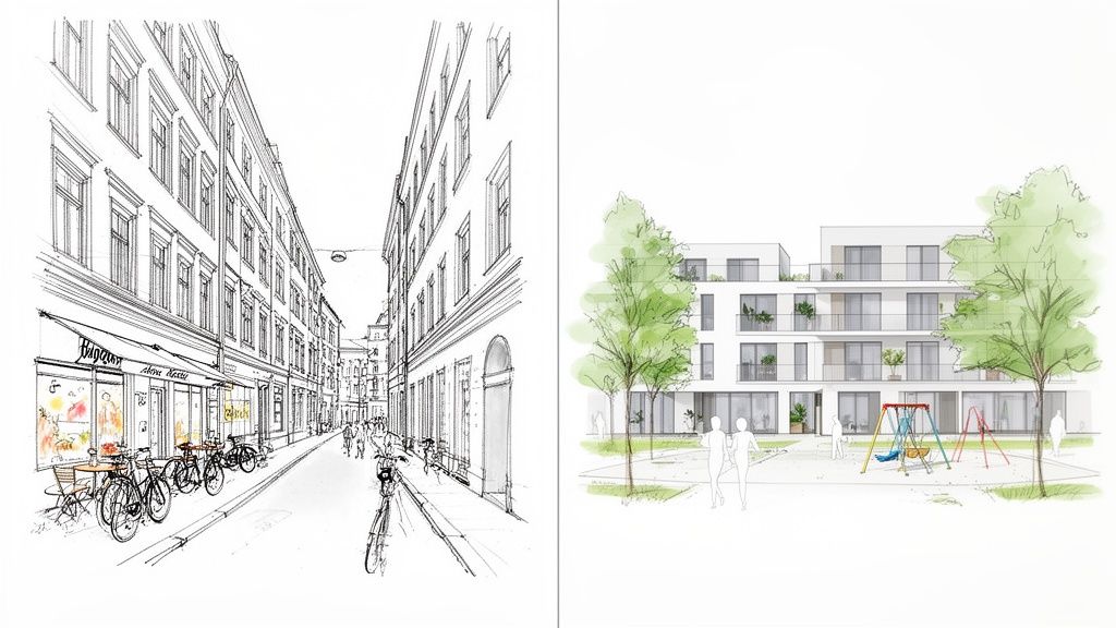 Zwei Architekturzeichnungen: Eine belebte Straße mit Altbauten und Geschäften, und moderne Wohngebäude mit Spielplatz.