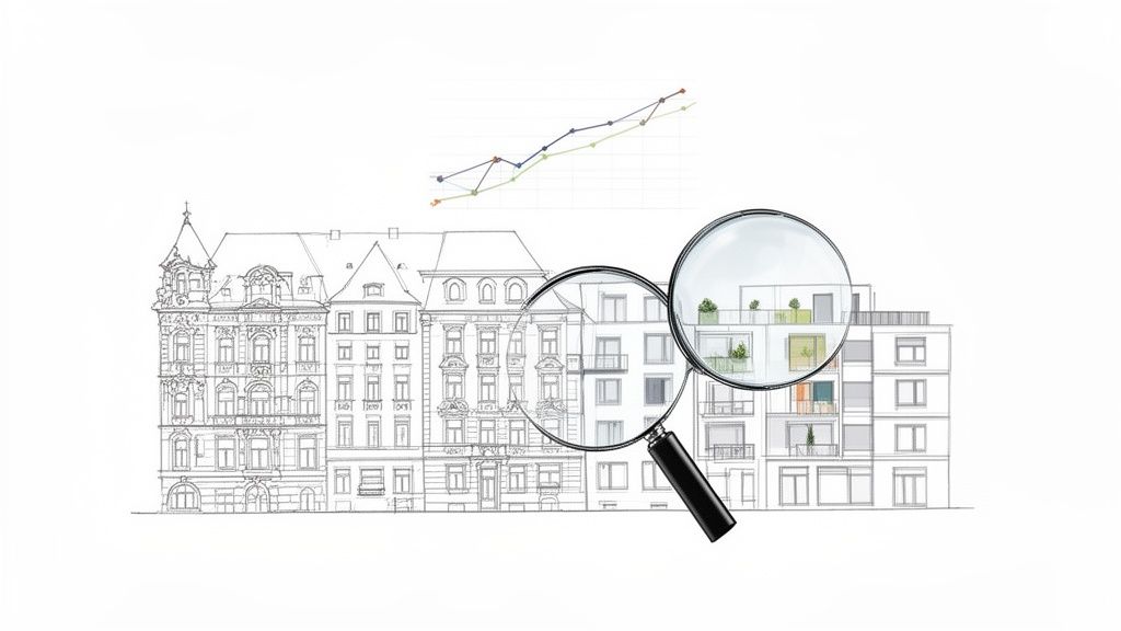 Stilisierte Zeichnung alter und neuer Gebäude, Lupe fokussiert auf Balkone, und ein Liniendiagramm symbolisiert Immobilienwachstum.