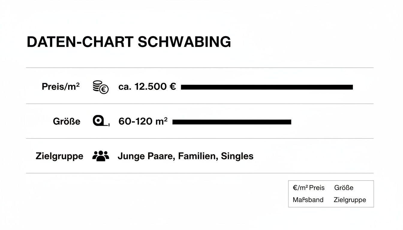 Daten-Chart für Schwabing zeigt Preis pro Quadratmeter, Wohnungsgröße und Zielgruppe für Immobilien.