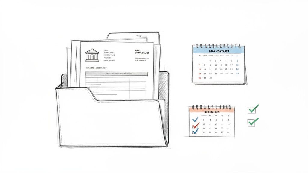 Dokumente in einem Aktenordner, ein Darlehensvertrag und ein Aufbewahrungskalender mit Haken.