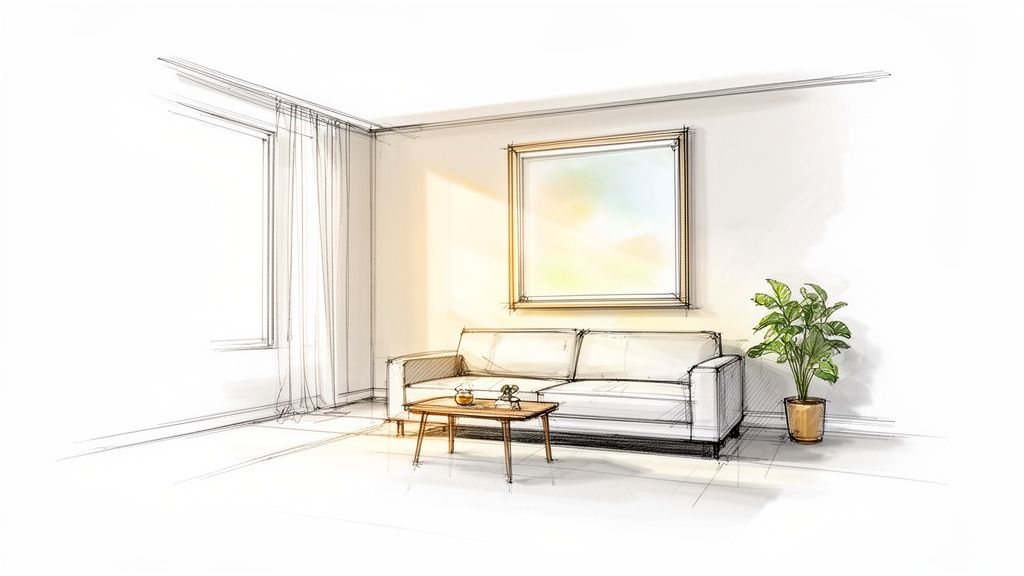 Skizze eines hellen Wohnzimmers mit Sofa, Couchtisch, Fenster und Topfpflanze, durchflutet von Sonnenlicht.