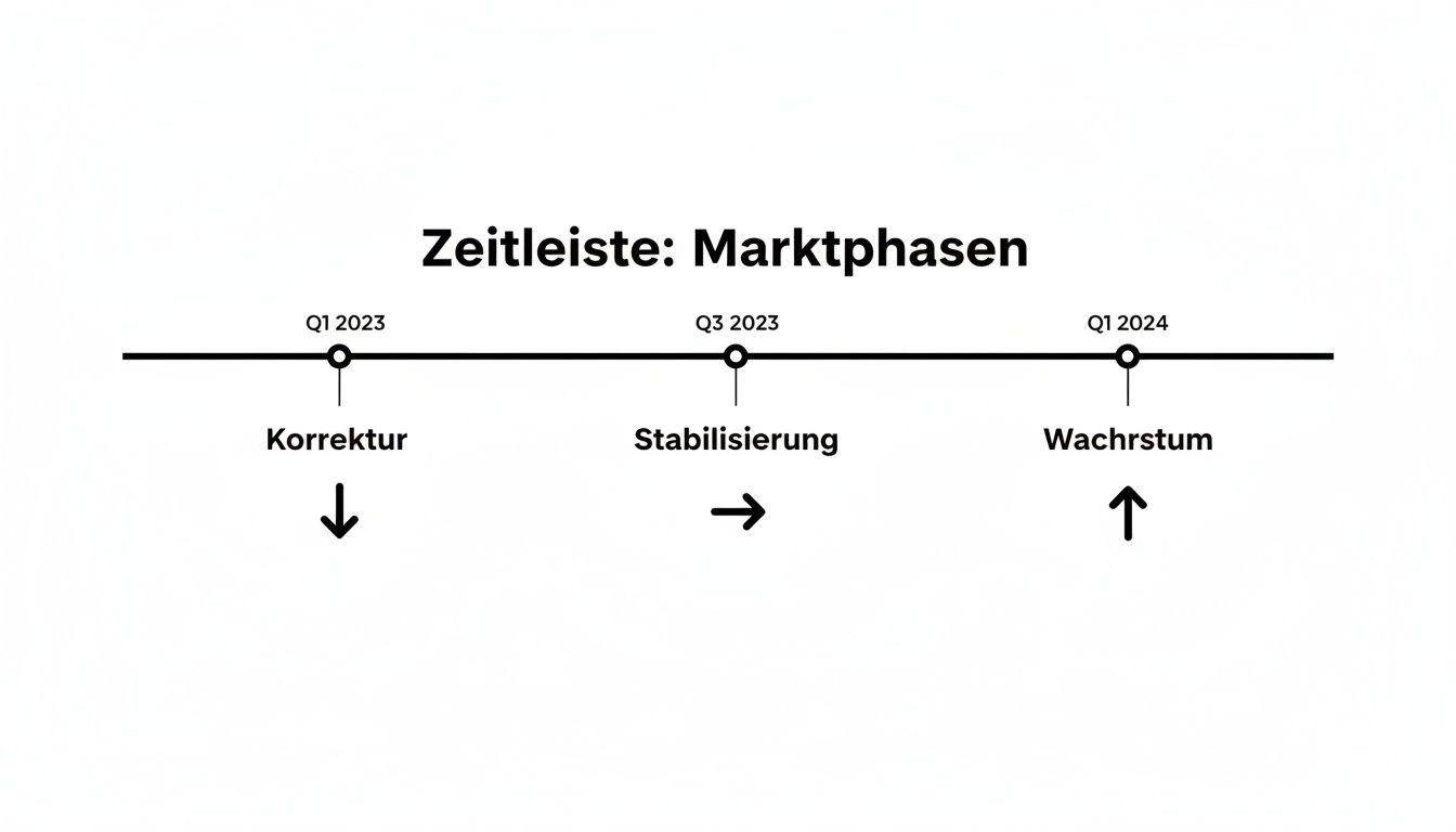 Zeitachse der Marktphasen für Immobilien, mit Korrektur, Stabilisierung und Wachstum von Q1 2023 bis Q1 2024.