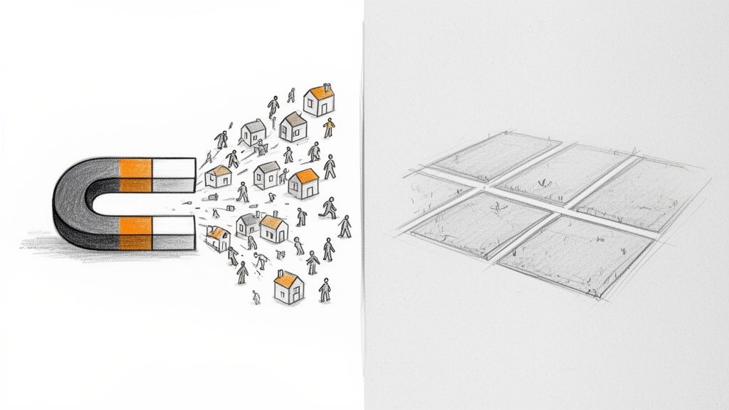 Skizze eines Magneten, der Häuser und Menschen anzieht, neben einem Raster von Feldern.