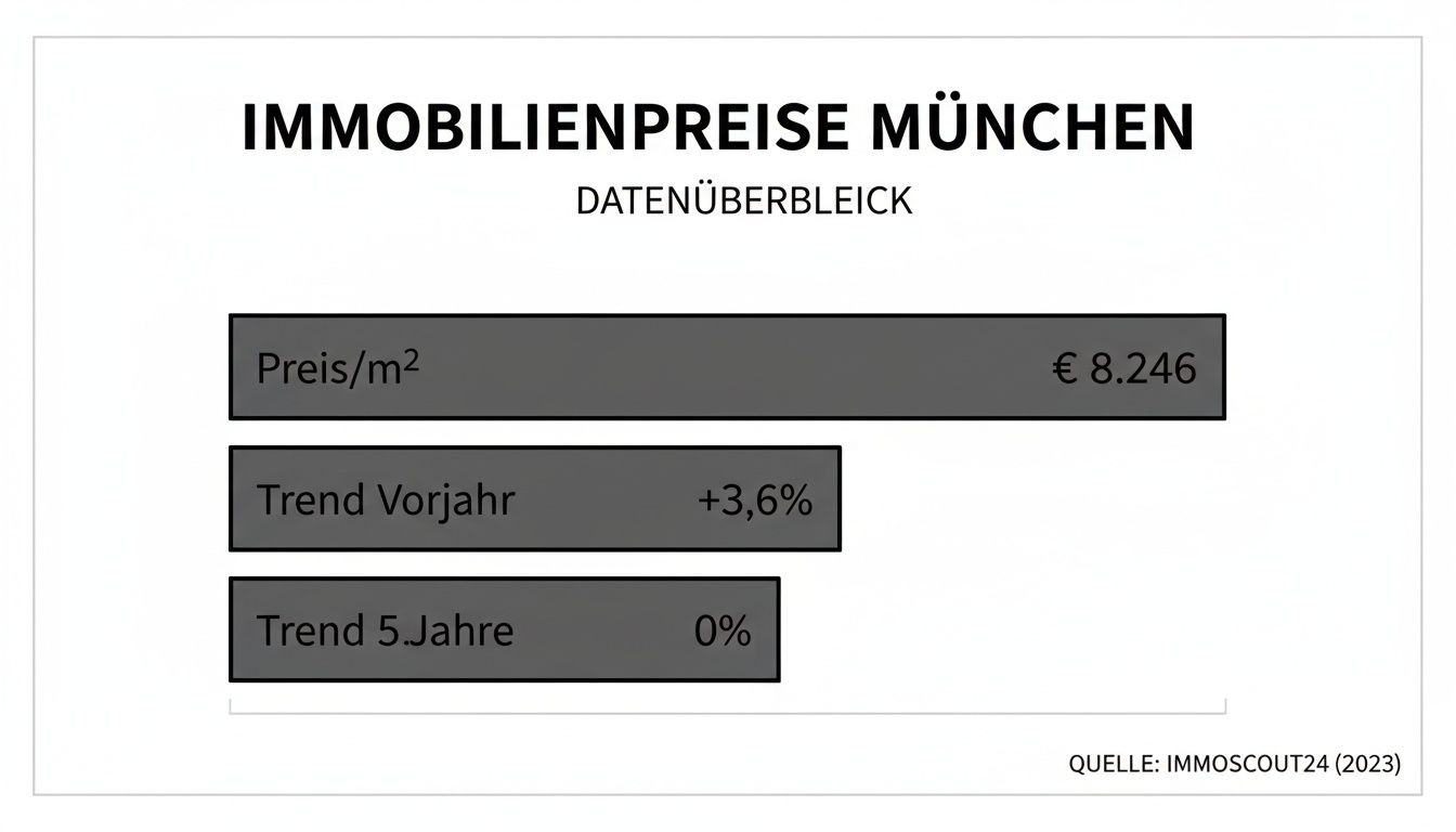 Datenüberblick Immobilienpreise München: Preis pro Quadratmeter, Trend im Vorjahr und über fünf Jahre.