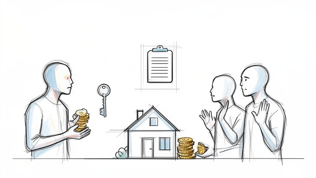 Stilisierte Figuren handeln vor einem Haus, Schlüssel und Dokument; eine Person hält Münzen, andere zeigen Zurückhaltung.