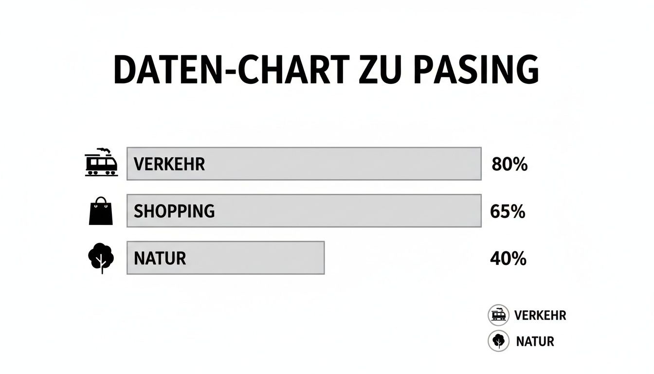 Balkendiagramm für Pasing mit Daten zu Verkehr (80%), Shopping (65%) und Natur (40%).