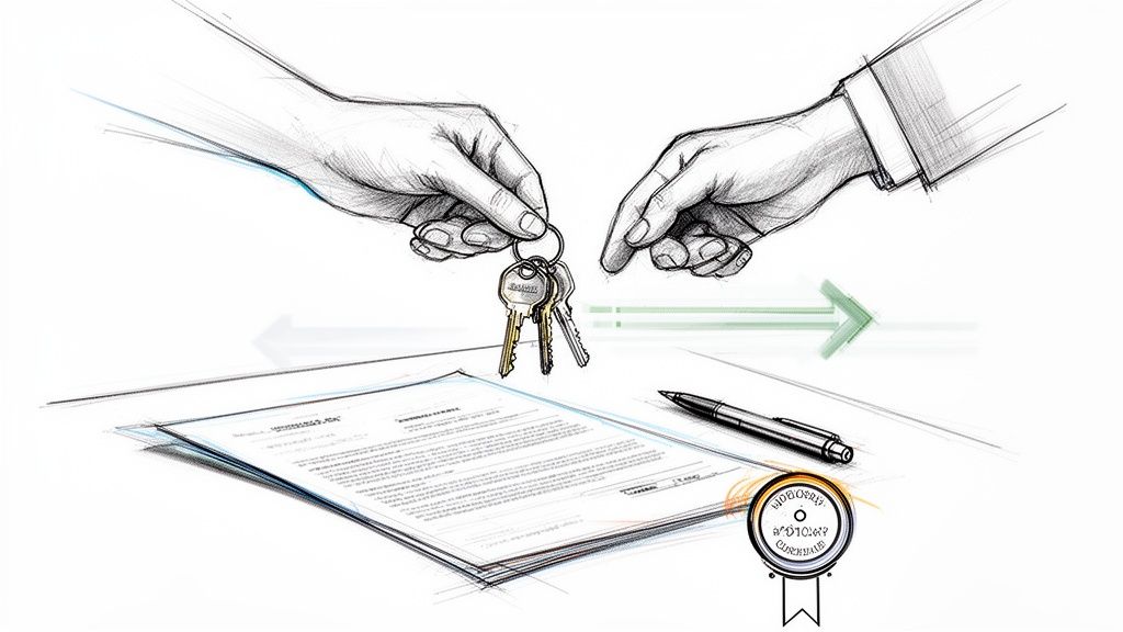Skizze von Händen, die Schlüssel überreichen, mit Dokumenten und Stift – Wohnungsübergabe oder Verkauf.