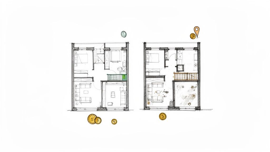 Zwei handgezeichnete Wohnungsgrundrisse mit Münzen und Standort-Pin auf weißem Hintergrund.