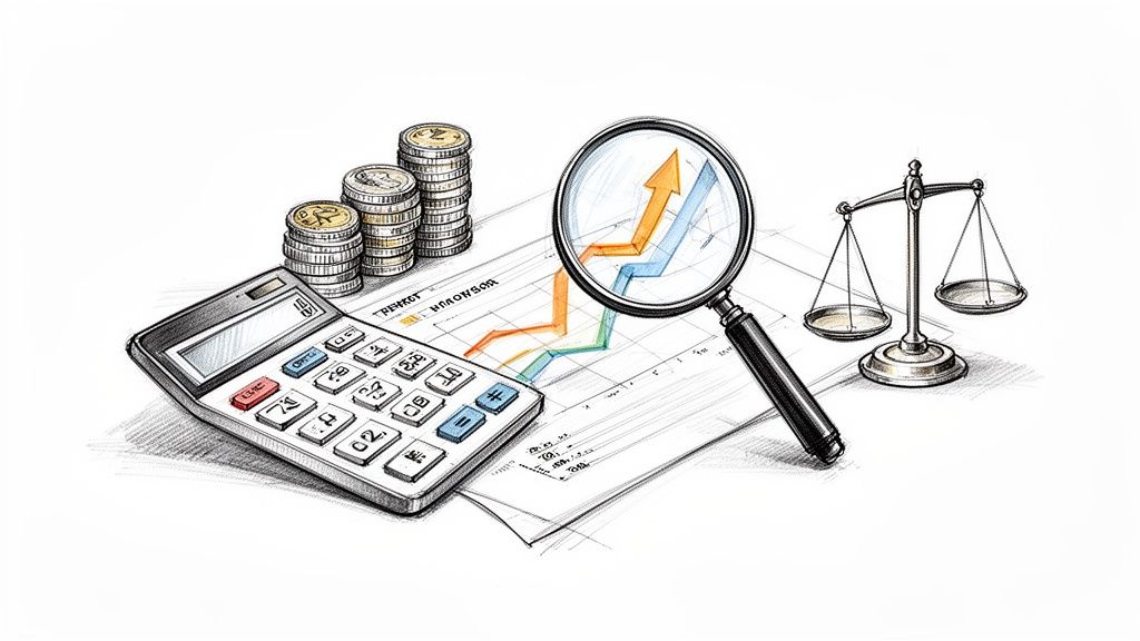 Abbildung von Finanzanalyse-Tools: Rechner, Münzstapel, Lupe über einem Diagramm und einer Waage.