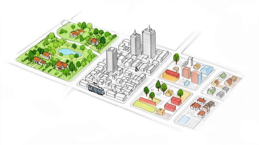 Detaillierte isometrische Ansicht einer Stadt mit Wohnsiedlungen, Hochhäusern, einem Park und öffentlichen Verkehrsmitteln.