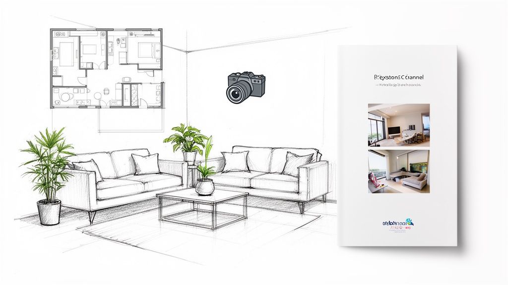 Skizze eines modernen Wohnzimmer-Interieurs mit Grundriss, Pflanzen und einer Broschüre über Wohnungen.