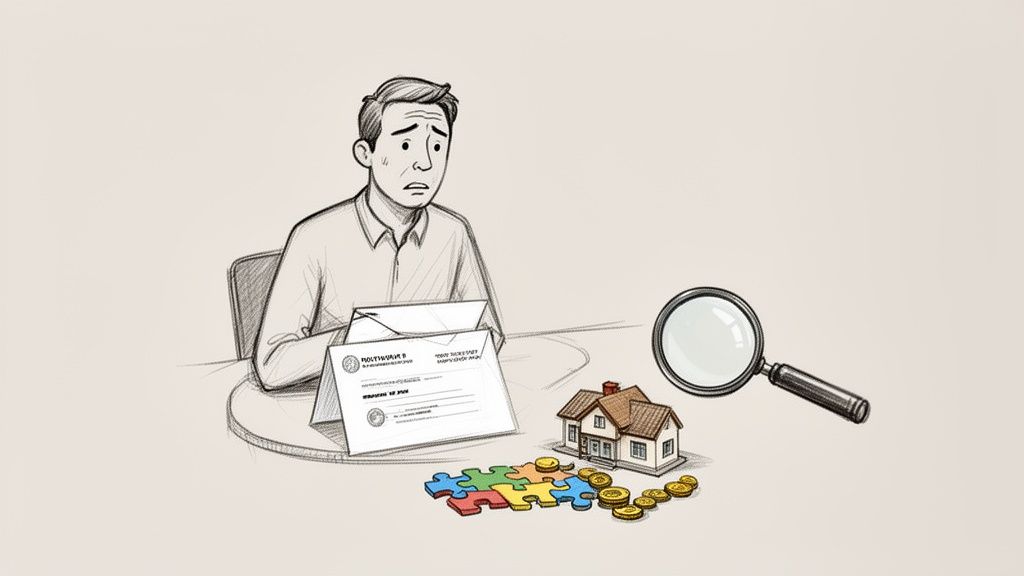 Besorgter Mann prüft Finanzdokumente, Hausmodell und Münzen auf dem Tisch, mit Lupe.