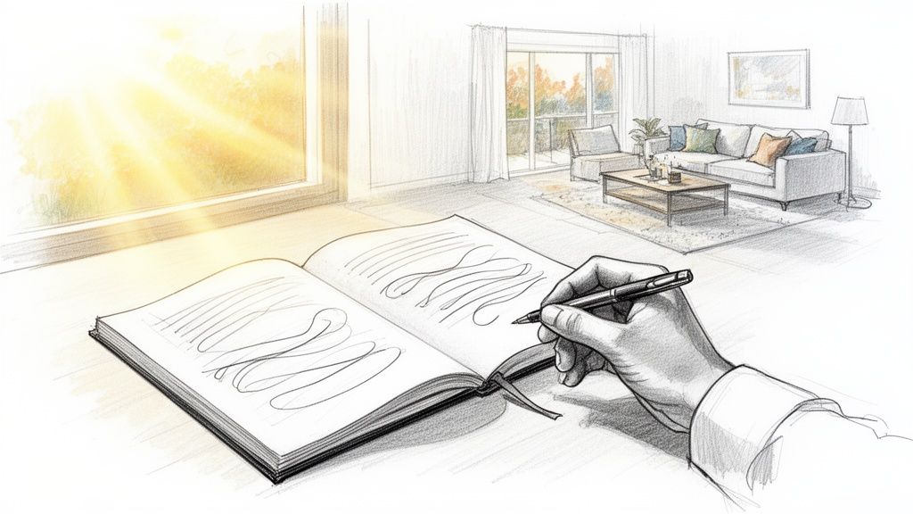 Eine Hand zeichnet in einem Skizzenbuch, im Hintergrund ein helles Wohnzimmer mit Sofa und Fenster.