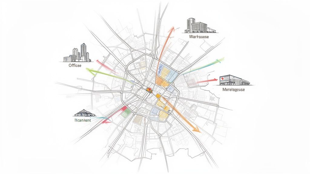 Stadtplan mit Gewerbeimmobilien-Standorten und Verbindungspfeilen zum Stadtzentrum.