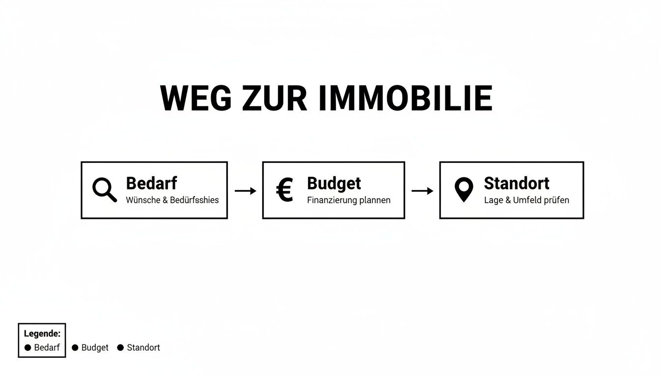 Flussdiagramm: Der Weg zur Immobilie in drei Schritten – Bedarf, Budget, Standort.