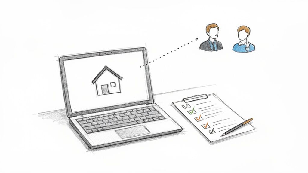 Digitale Immobiliensuche: Skizze eines Laptops mit Haus, Checkliste, Stift und zwei interagierenden Personen.