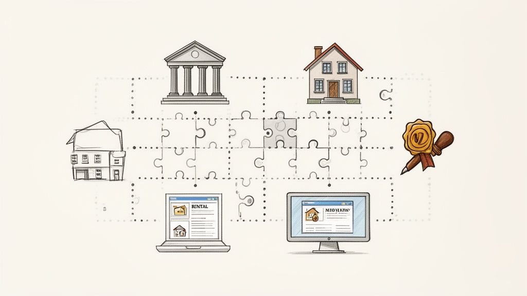 Eine Skizze mit Gebäuden, Bank, Laptop und Monitor, verbunden durch Puzzleteile, die Immobilien und Finanzen darstellen.