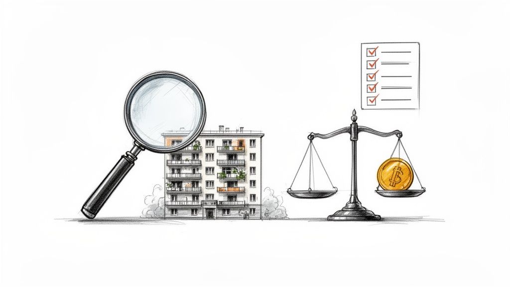 Eine Lupe über einem Gebäude, eine Checkliste und eine Waage mit Bitcoin symbolisieren Immobilienanalyse.