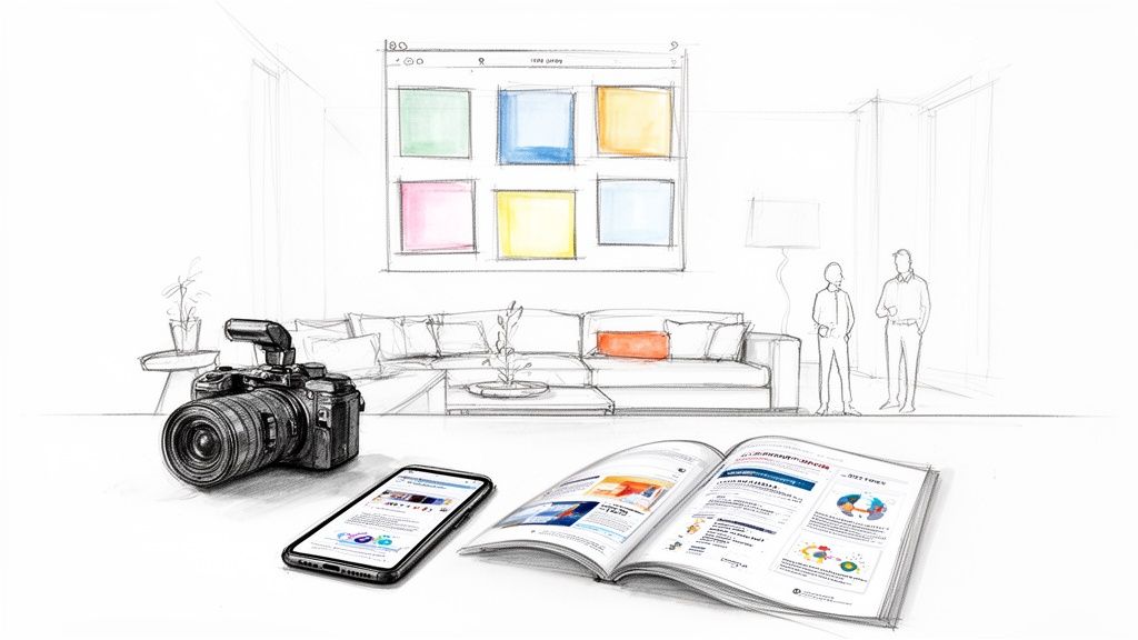 Eine Skizze zeigt Marketing-Werkzeuge wie Kamera, Smartphone und Magazin in einem stilisierten Büro/Wohnraum.