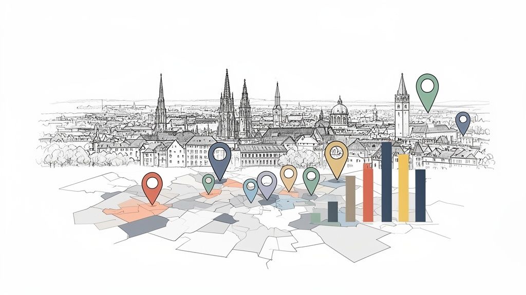 Skizze einer Stadtansicht mit Landkarte, Immobilienmarkierungen und Analysedaten auf weißem Hintergrund.