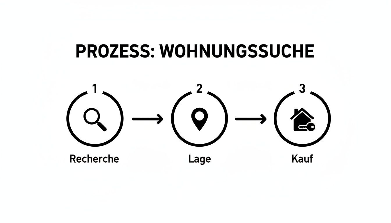 Ein Flussdiagramm zeigt den Prozess der Wohnungssuche in drei Schritten: Recherche, Lage und Kauf mit passenden Icons.