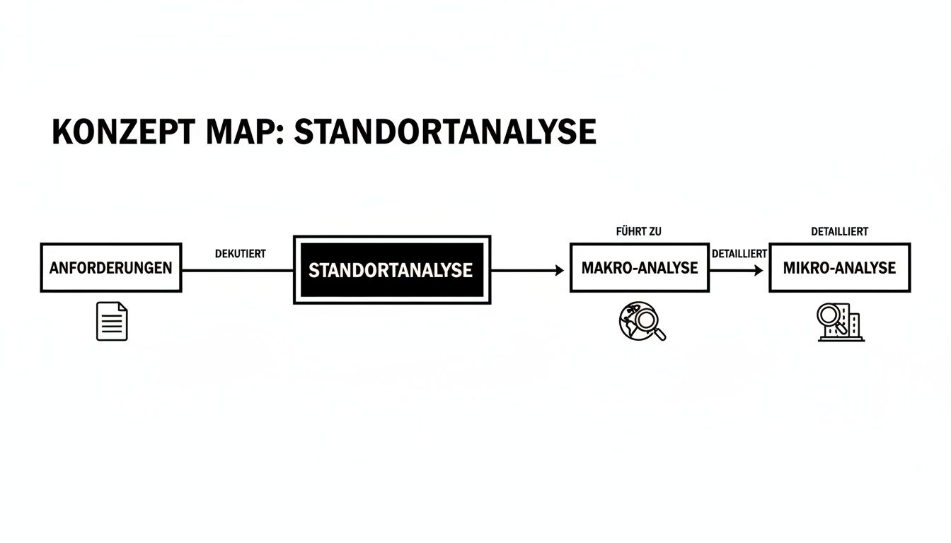Konzeptkarte zur Standortanalyse, die den Prozess von Anforderungen bis zur Makro- und Mikroanalyse darstellt.